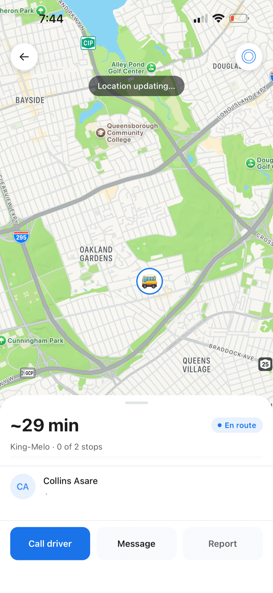 TroTro parent app tracking a live school ride on a map, showing the assigned driver's name, route progress through the stops, and a live ETA.