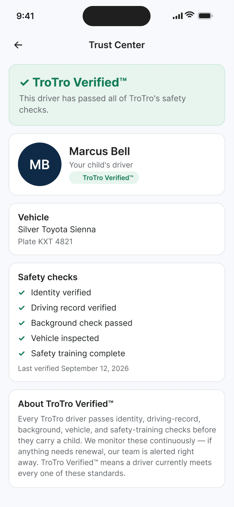 TroTro parent app Trust Center for the assigned driver: a TroTro Verified banner, the driver and vehicle, and completed safety checks — identity, driving record, background check, vehicle inspection, and safety training.